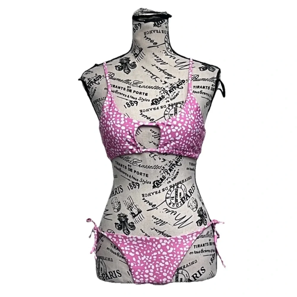 SHEIN Pink Polka Dot Bikini Set Cutout Top XL Tie Side Bottom S Y2K Coquette